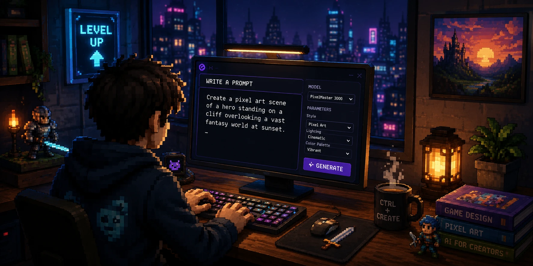 Pixel-art illustration: a creator at a desk at night types a prompt — “Create a pixel art scene of a hero standing on a cliff overlooking a vast fantasy world at sunset” — into an AI image generator, a neon city skyline glowing through the window.
